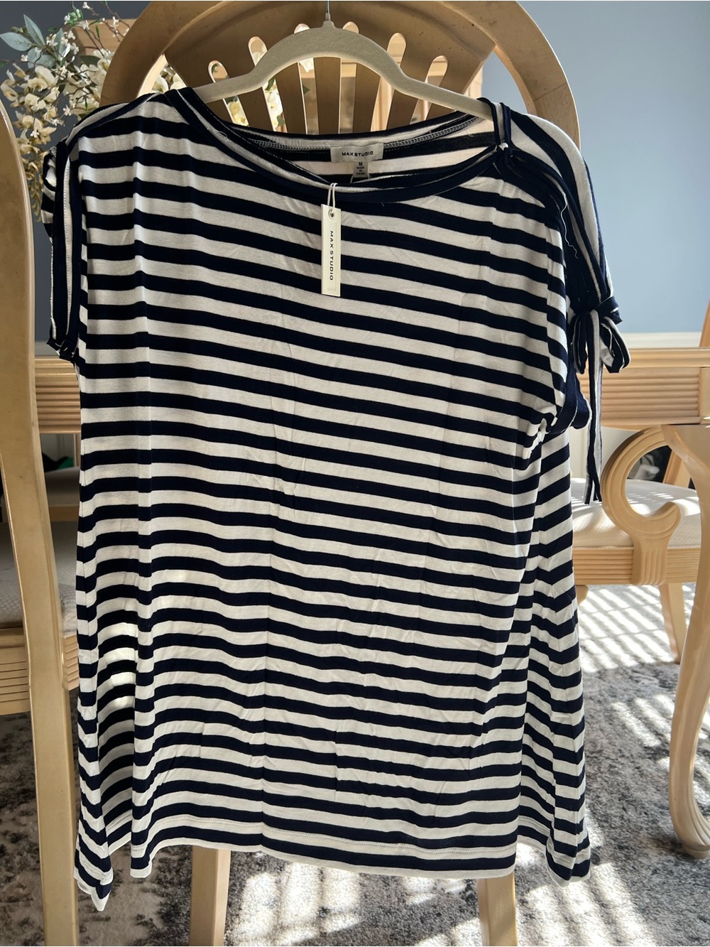 Max Studio Navy & White Striped Short-Sleeve Tie Detail Tee